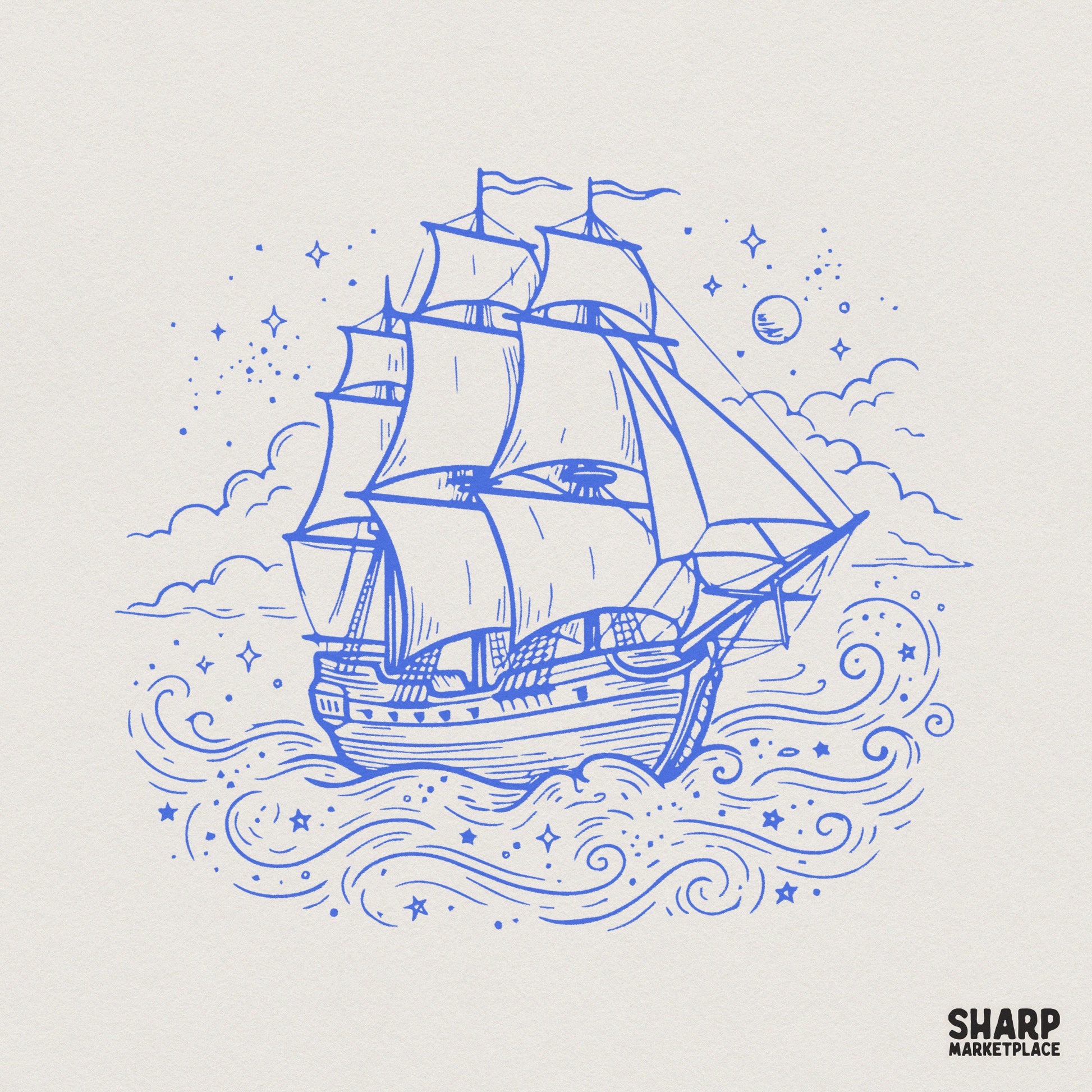 Vintage Sailing Ship PNG, Nautical Ocean Scene - 300 DPI Design for T-Shirt