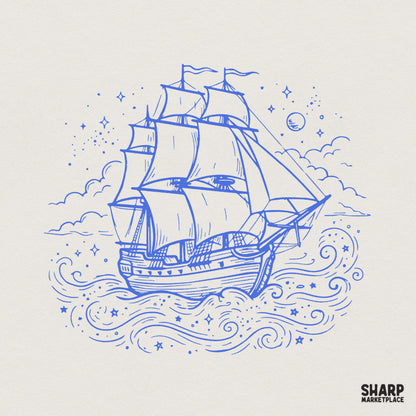 Vintage Sailing Ship PNG, Nautical Ocean Scene - 300 DPI Design for T-Shirt