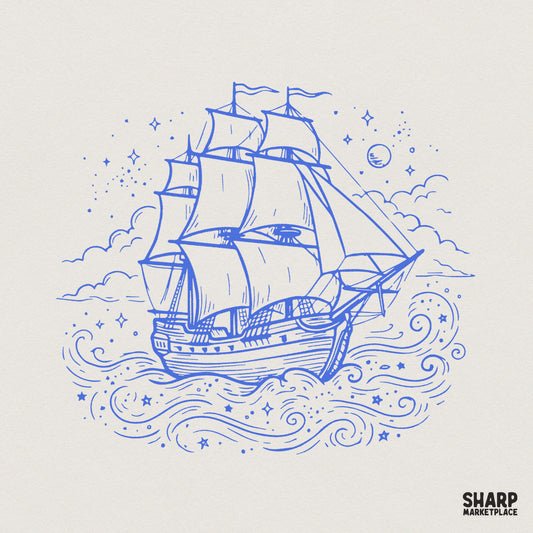 Vintage Sailing Ship PNG, Nautical Ocean Scene - 300 DPI Design for T-Shirt