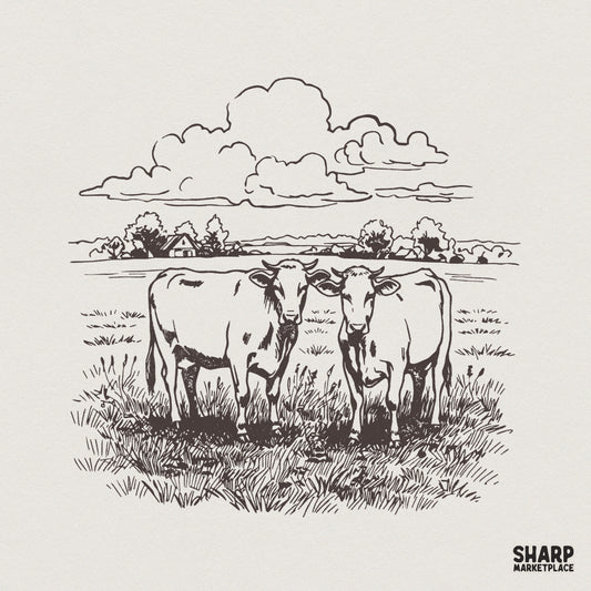 Detailed charcoal-style sketch of two cows standing in a rustic pasture with a farmhouse and clouds, perfect for farmhouse apparel and wall art.