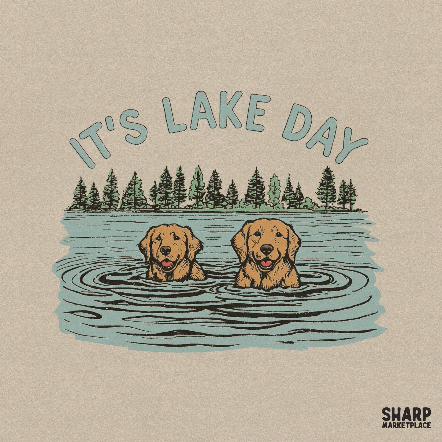 Retro style digital design featuring two golden retrievers swimming in a lake with pine trees and the arched text It's Lake Day for summer apparel.