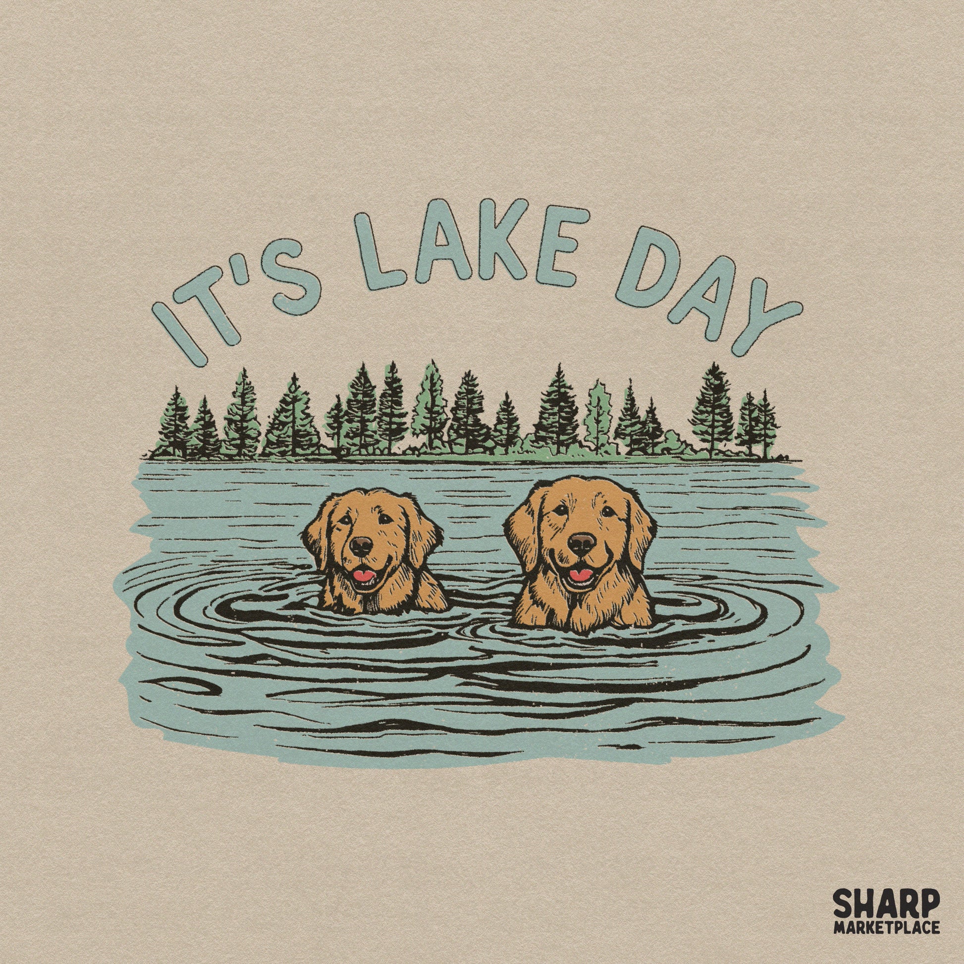 Retro style digital design featuring two golden retrievers swimming in a lake with pine trees and the arched text It's Lake Day for summer apparel.