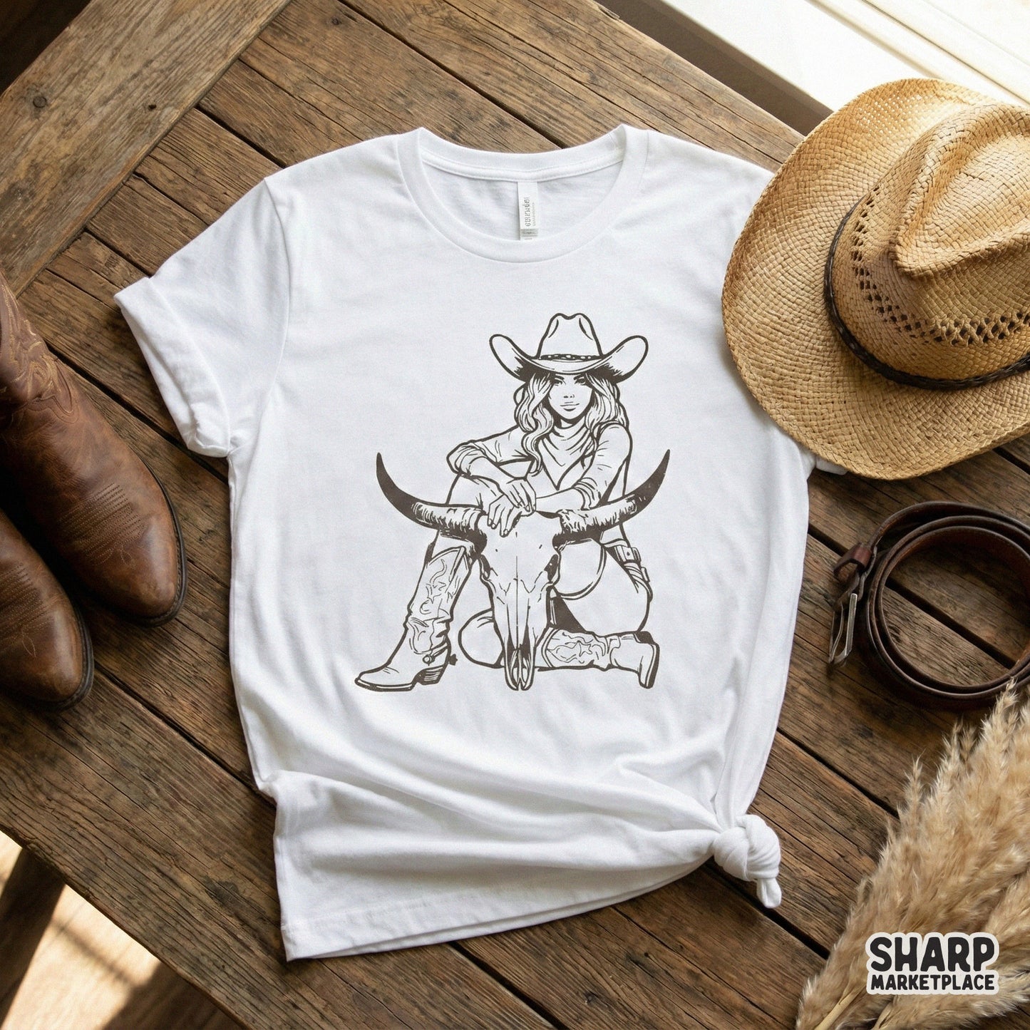 Minimalist black and white western graphic of a cowgirl and a steer skull, suitable for creating rustic stickers, tumblers, or country-themed wall art.