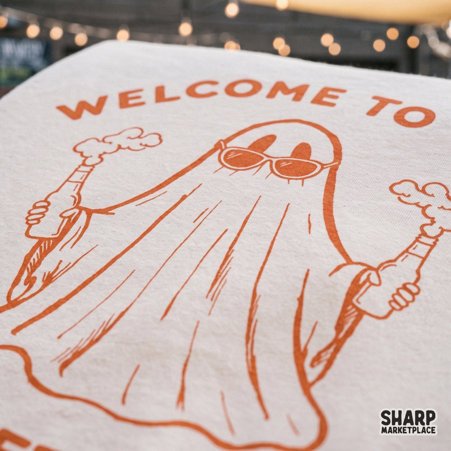 Funny Halloween ghost in sunglasses holding a drink with Welcome To The Sheet Show text for sarcastic sublimation crafts