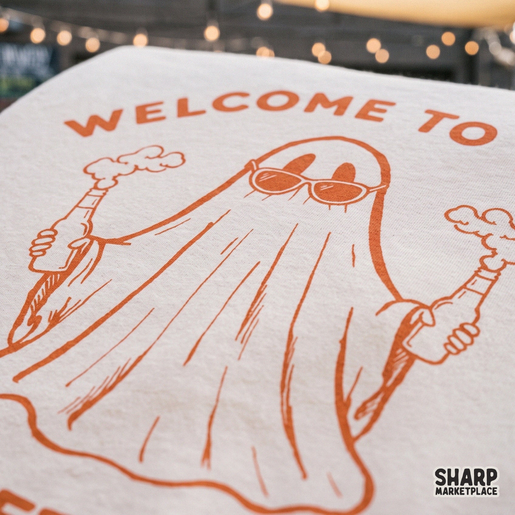 Funny Halloween ghost in sunglasses holding a drink with Welcome To The Sheet Show text for sarcastic sublimation crafts