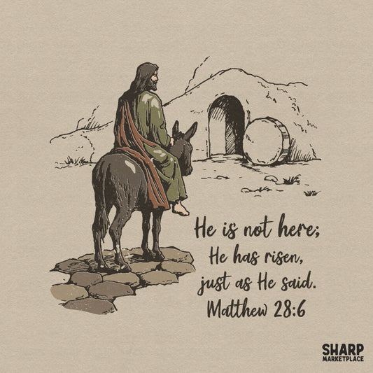 Vintage style illustration of Jesus riding a donkey toward an empty tomb with the text He is not here; He has risen, just as He said, Matthew 28:6.