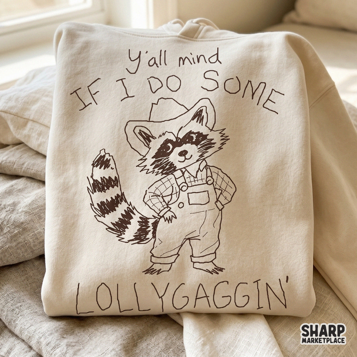 Whimsical raccoon drawing in a cowboy hat and overalls designed for DTF printing, tumblers, and unique apparel with a slow-paced country theme.