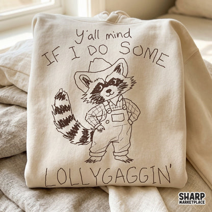 Whimsical raccoon drawing in a cowboy hat and overalls designed for DTF printing, tumblers, and unique apparel with a slow-paced country theme.