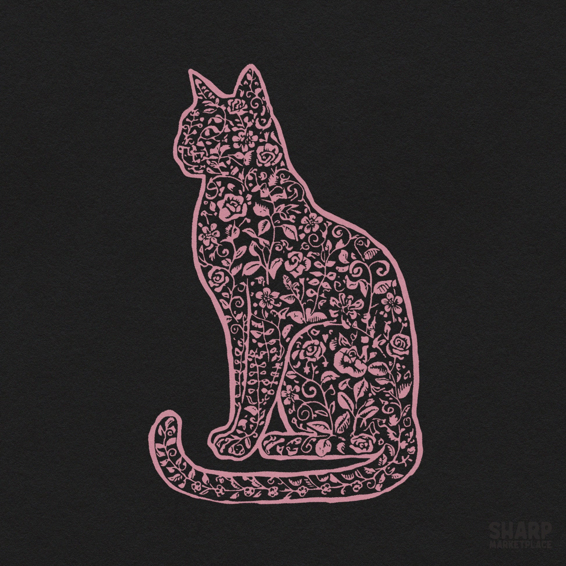 Pink floral cat silhouette aesthetic sublimation graphic for a coquette shirt print