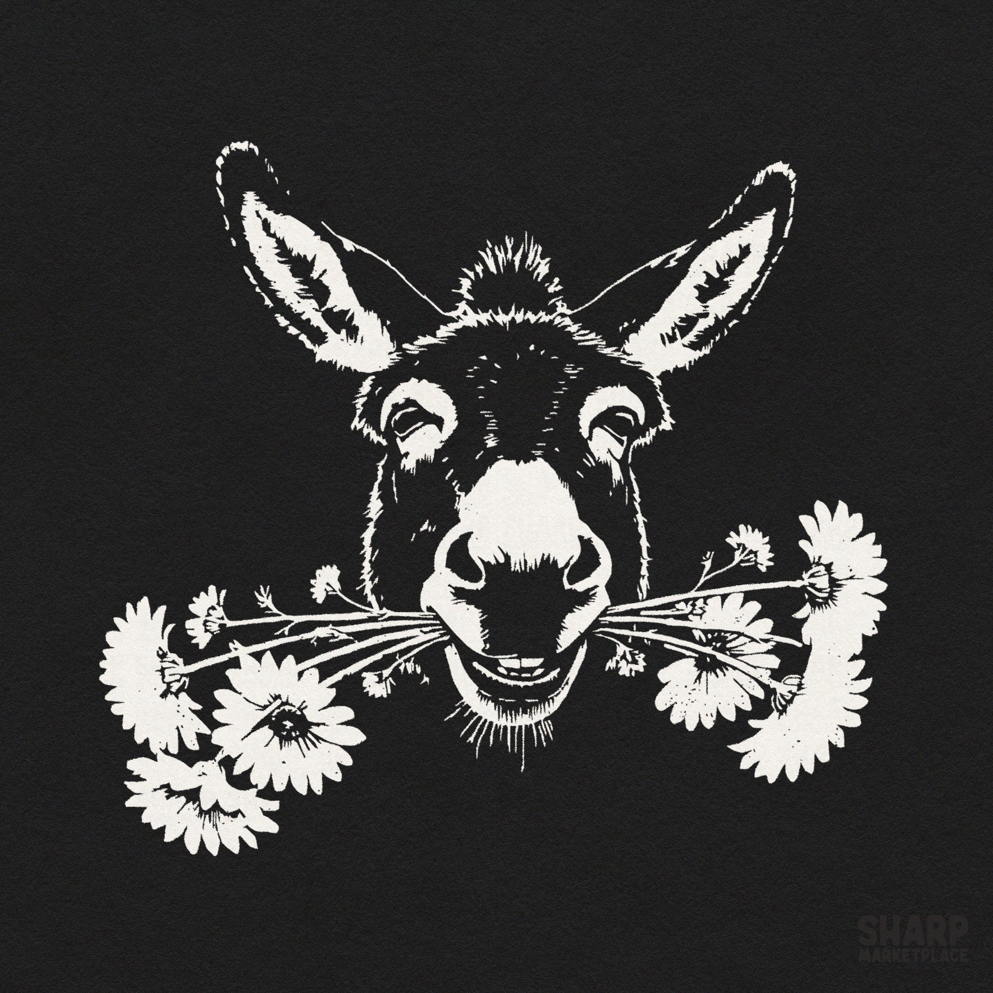 Vintage smiling donkey face sketch with daisies for animal lovers, retro farm animal sublimation design for spring shirts