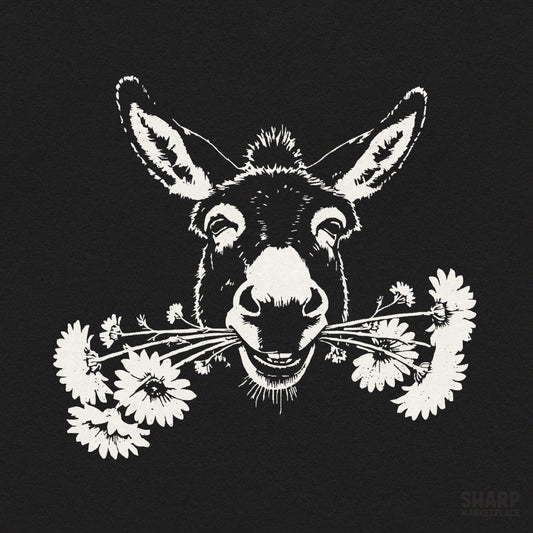 Vintage smiling donkey face sketch with daisies for animal lovers, retro farm animal sublimation design for spring shirts