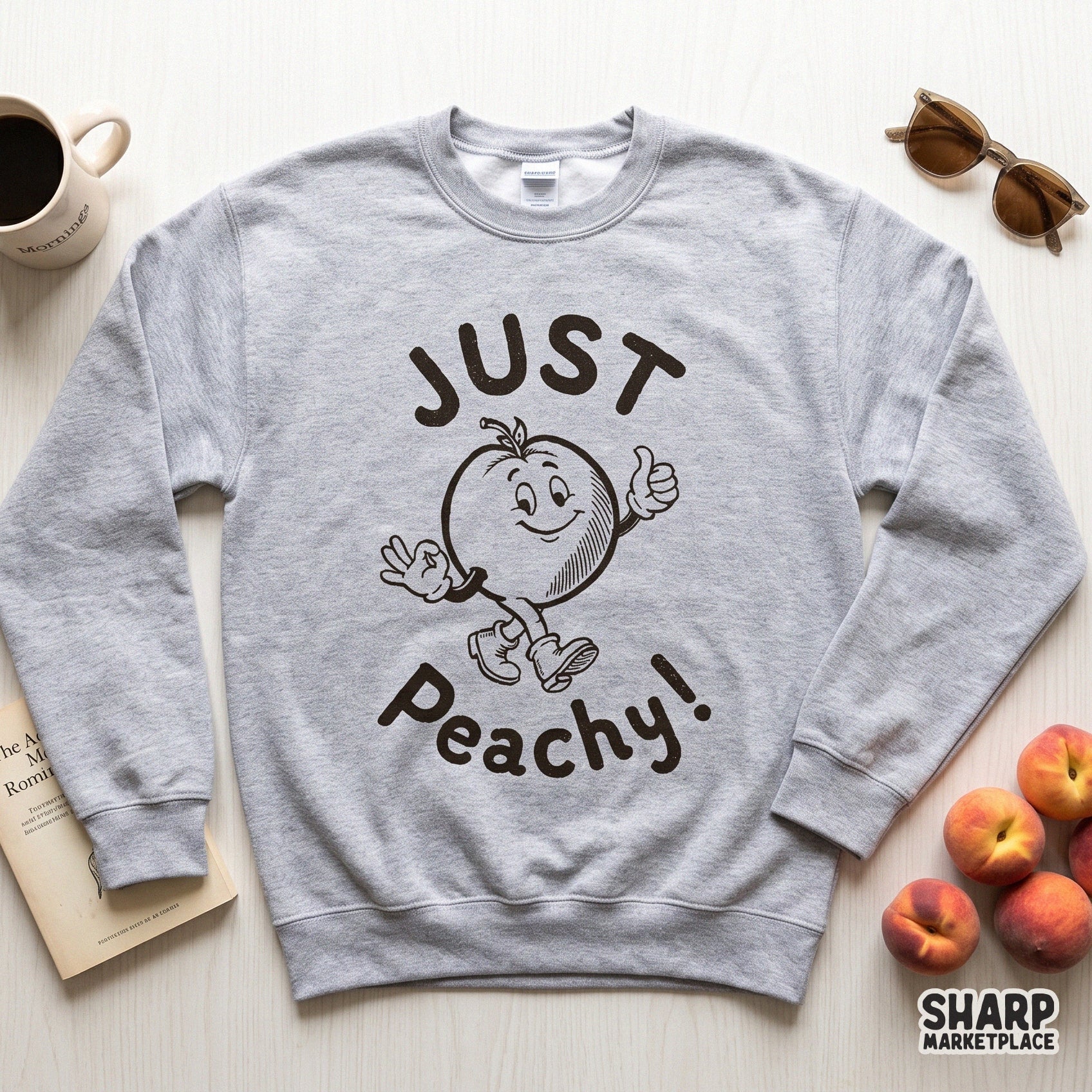 Retro peach mascot in a rubber hose cartoon style for vintage apparel and funny summer digital designs