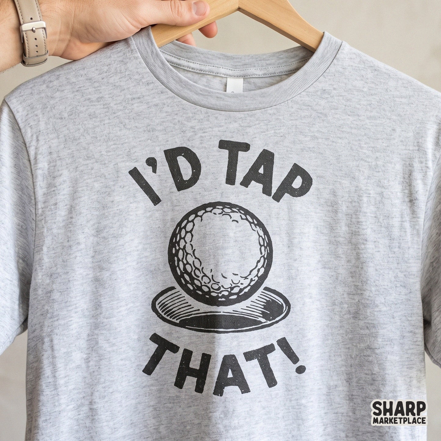 Retro golf ball design with I'd Tap That text for a funny Father's Day PNG and sarcastic golfing t-shirt art