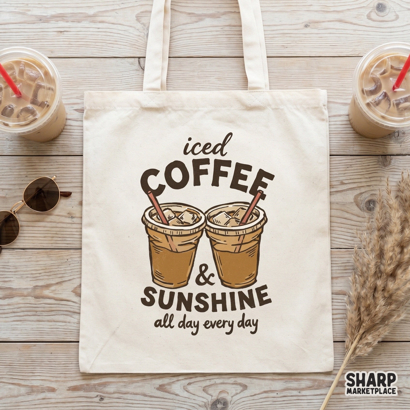 Vintage aesthetic iced coffee and sunshine PNG graphic with two cups of coffee, ideal for DIY summer t-shirts, stickers, and custom tumblers.
