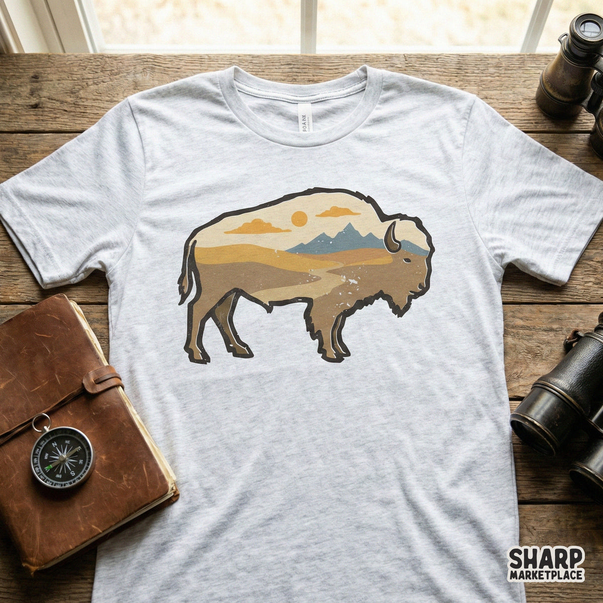 Detailed buffalo wilderness illustration in a retro style, featuring desert colors and mountain peaks for use on tumblers, posters, and apparel.
