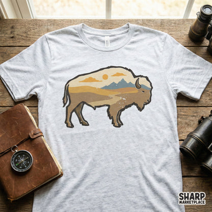 Detailed buffalo wilderness illustration in a retro style, featuring desert colors and mountain peaks for use on tumblers, posters, and apparel.