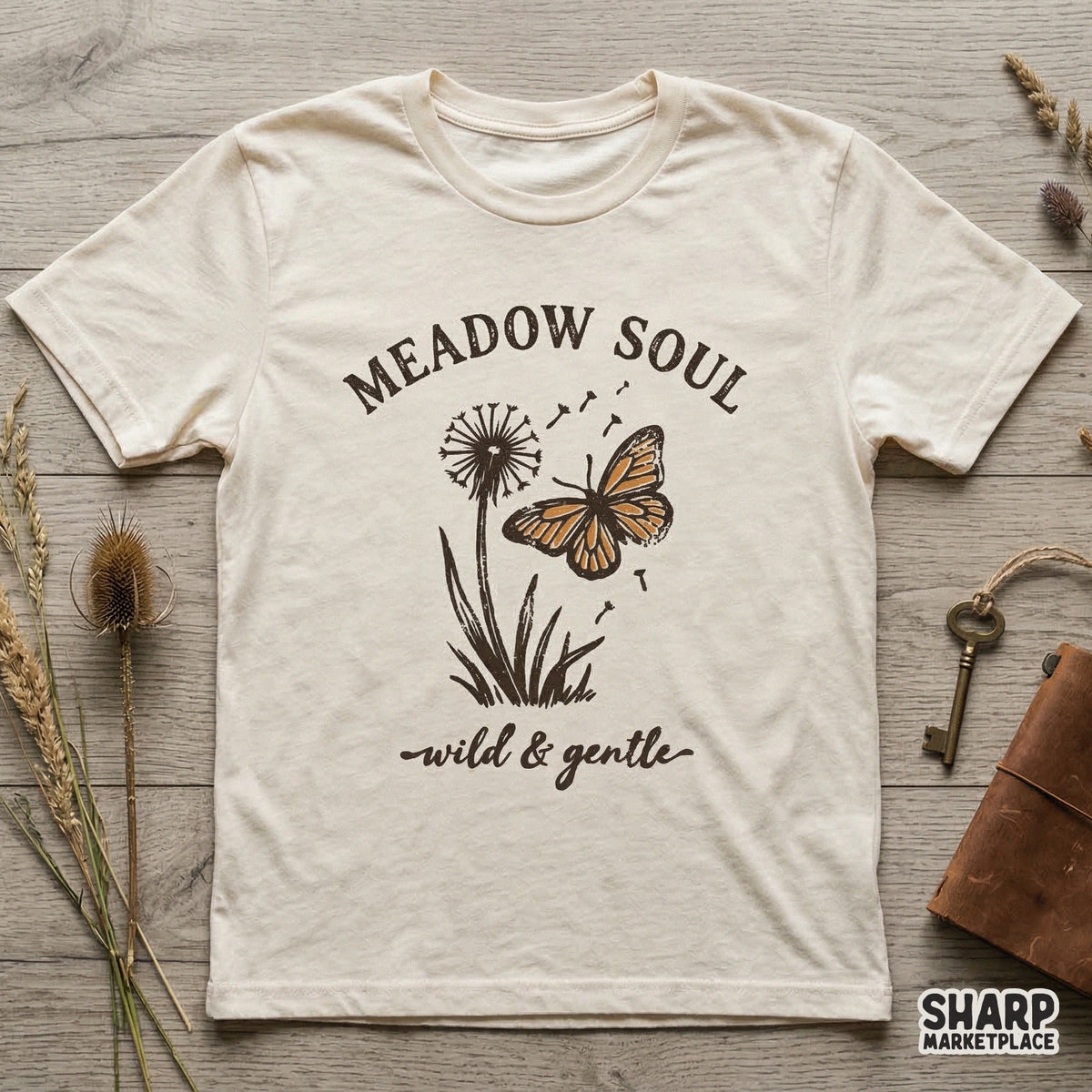 Boho style butterfly and dandelion illustration on a t-shirt mockup, featuring the quote Meadow Soul and wild and gentle in earthy tones.