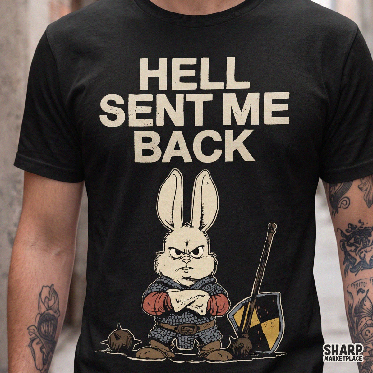Angry bunny in knight armor funny sarcastic png graphic for dark humor shirt design