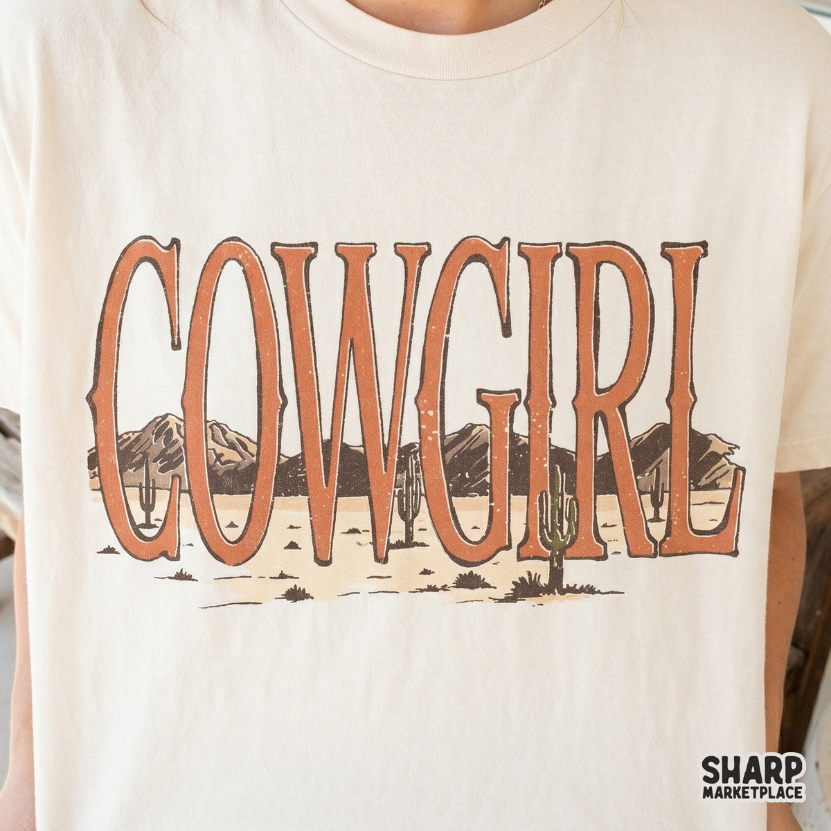 Vintage inspired Cowgirl lettering design with a desert landscape fill, suitable for creating custom western themed tumblers, stickers, and shirts.