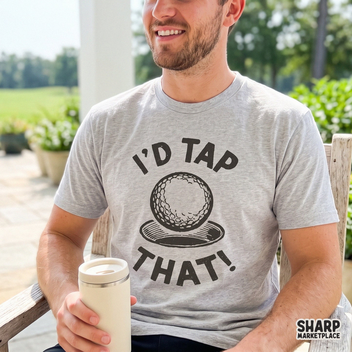 Funny retro golf ball design with I'd Tap That text for sarcastic Father's Day t-shirts and digital downloads