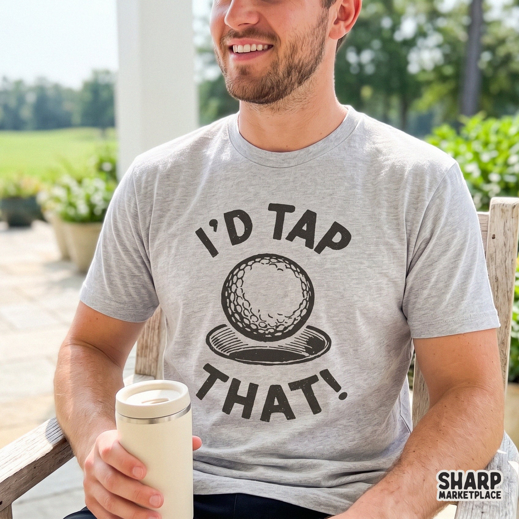 Funny retro golf ball design with I'd Tap That text for sarcastic Father's Day t-shirts and digital downloads