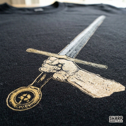 Hand holding a medieval metal sword retro sublimation PNG design for fantasy t-shirts and apparel