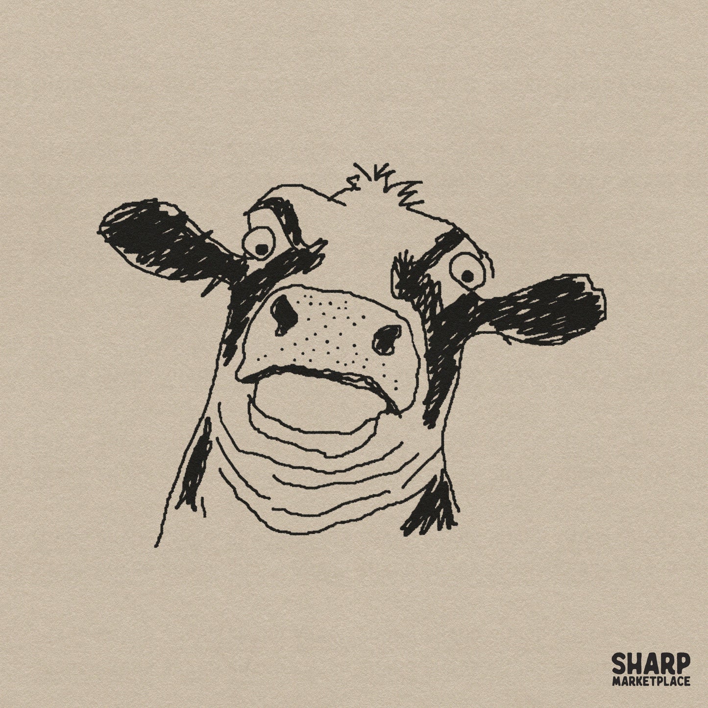 Hand-drawn charcoal sketch of a silly cow face with wide eyes and a surprised expression, perfect for rustic farm-themed sublimation projects.