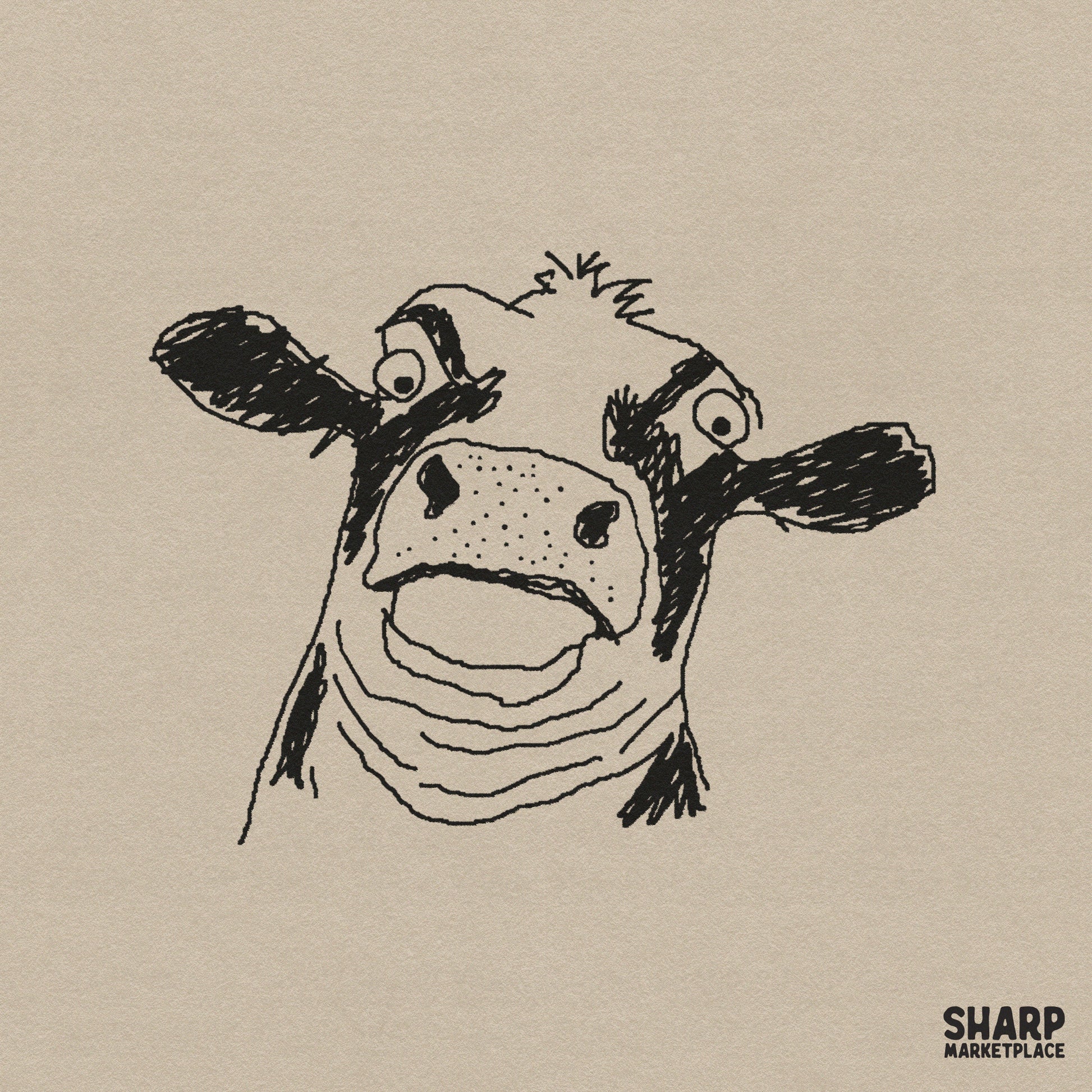 Hand-drawn charcoal sketch of a silly cow face with wide eyes and a surprised expression, perfect for rustic farm-themed sublimation projects.
