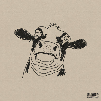 Hand-drawn charcoal sketch of a silly cow face with wide eyes and a surprised expression, perfect for rustic farm-themed sublimation projects.