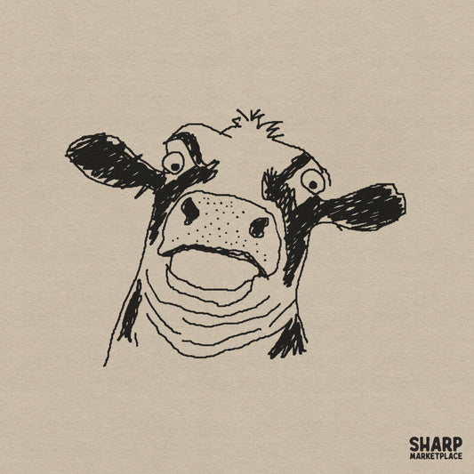 Hand-drawn charcoal sketch of a silly cow face with wide eyes and a surprised expression, perfect for rustic farm-themed sublimation projects.