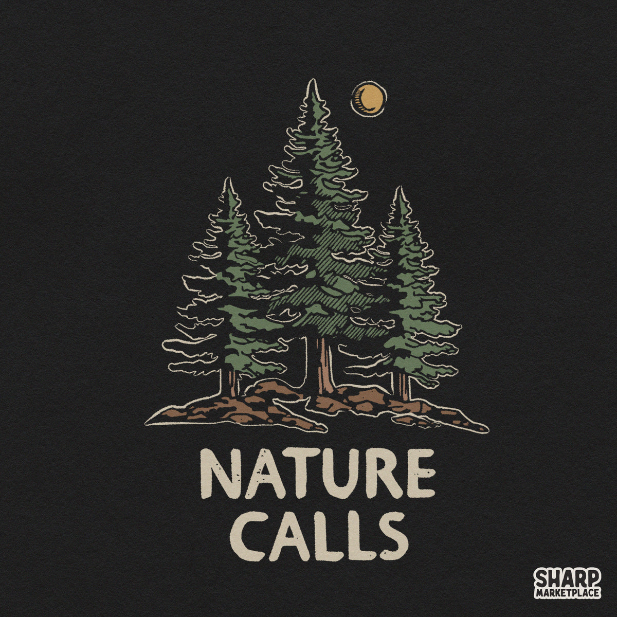 Retro pine trees and moon nature calls png graphic for camping shirts and outdoor hike apparel
