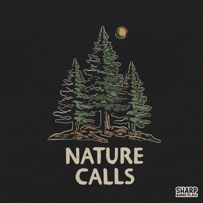 Retro pine trees and moon nature calls png graphic for camping shirts and outdoor hike apparel