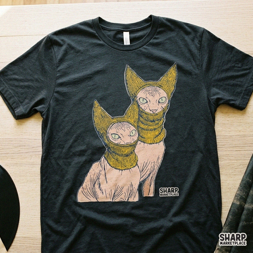 Two Sphynx Cats Wearing Knit Balaclavas, Funny PNG Winter