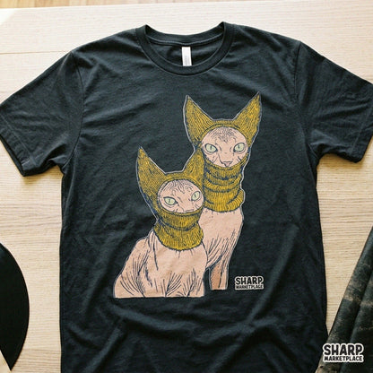 Two Sphynx Cats Wearing Knit Balaclavas, Funny PNG Winter