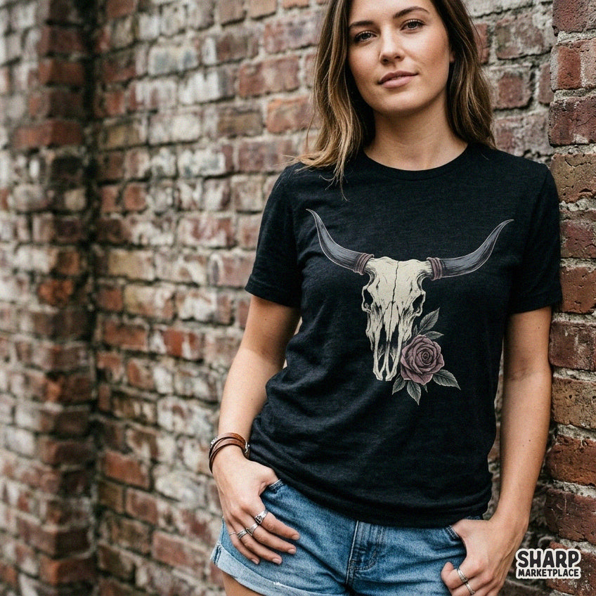 Vintage western bull skull with pink roses graphic design for country music concerts and cowgirl sublimation PNG