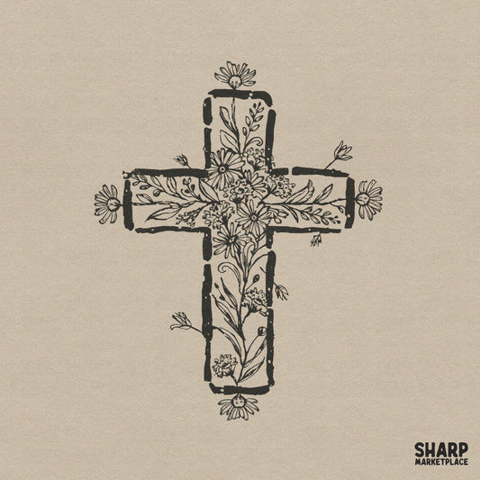 Hand-drawn floral cross illustration with delicate wildflower and daisy details in a rustic, distressed black ink style for faith-based projects.