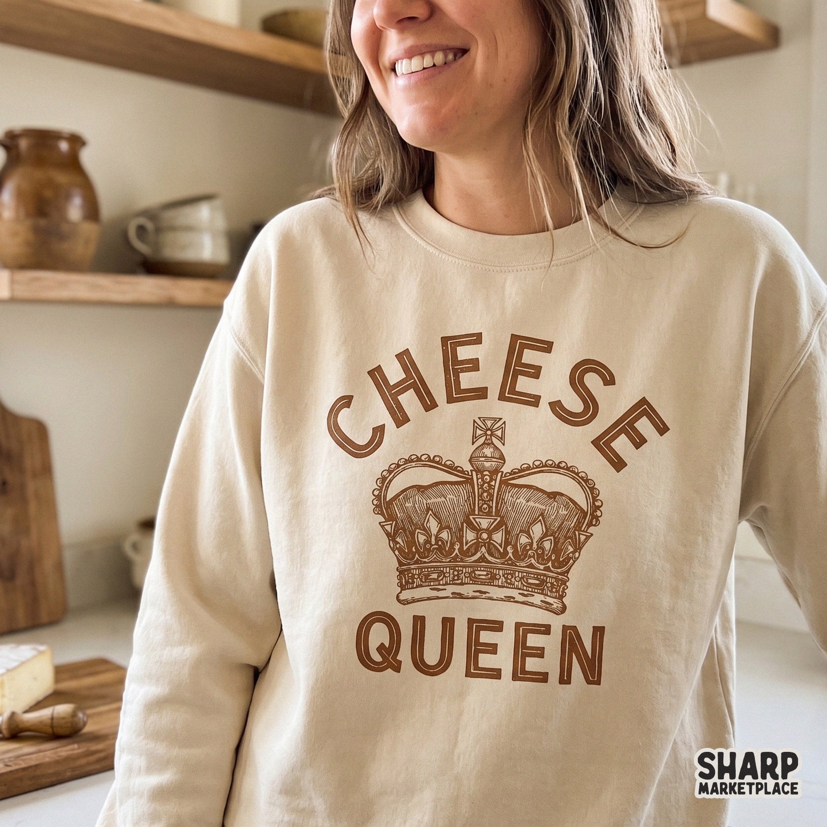 Vintage Cheese Queen crown illustration with sarcastic food humor for retro sublimation t-shirt designs and digital crafts