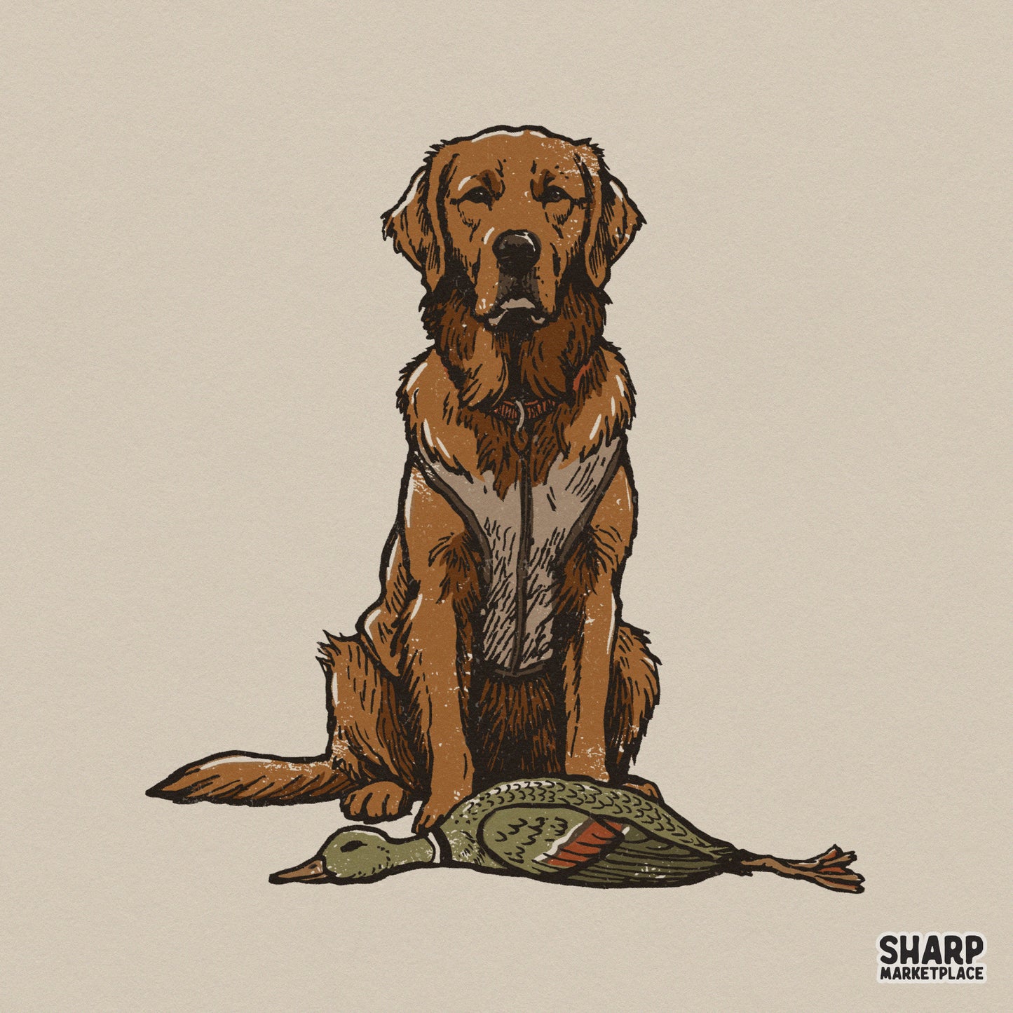 Vintage style golden retriever hunting dog sitting with a mallard duck, featuring rustic colors and distressed texture for apparel sublimation.