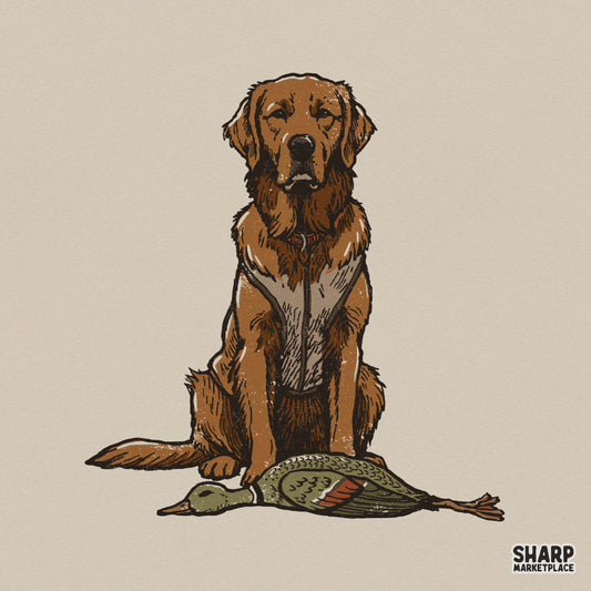 Vintage style golden retriever hunting dog sitting with a mallard duck, featuring rustic colors and distressed texture for apparel sublimation.