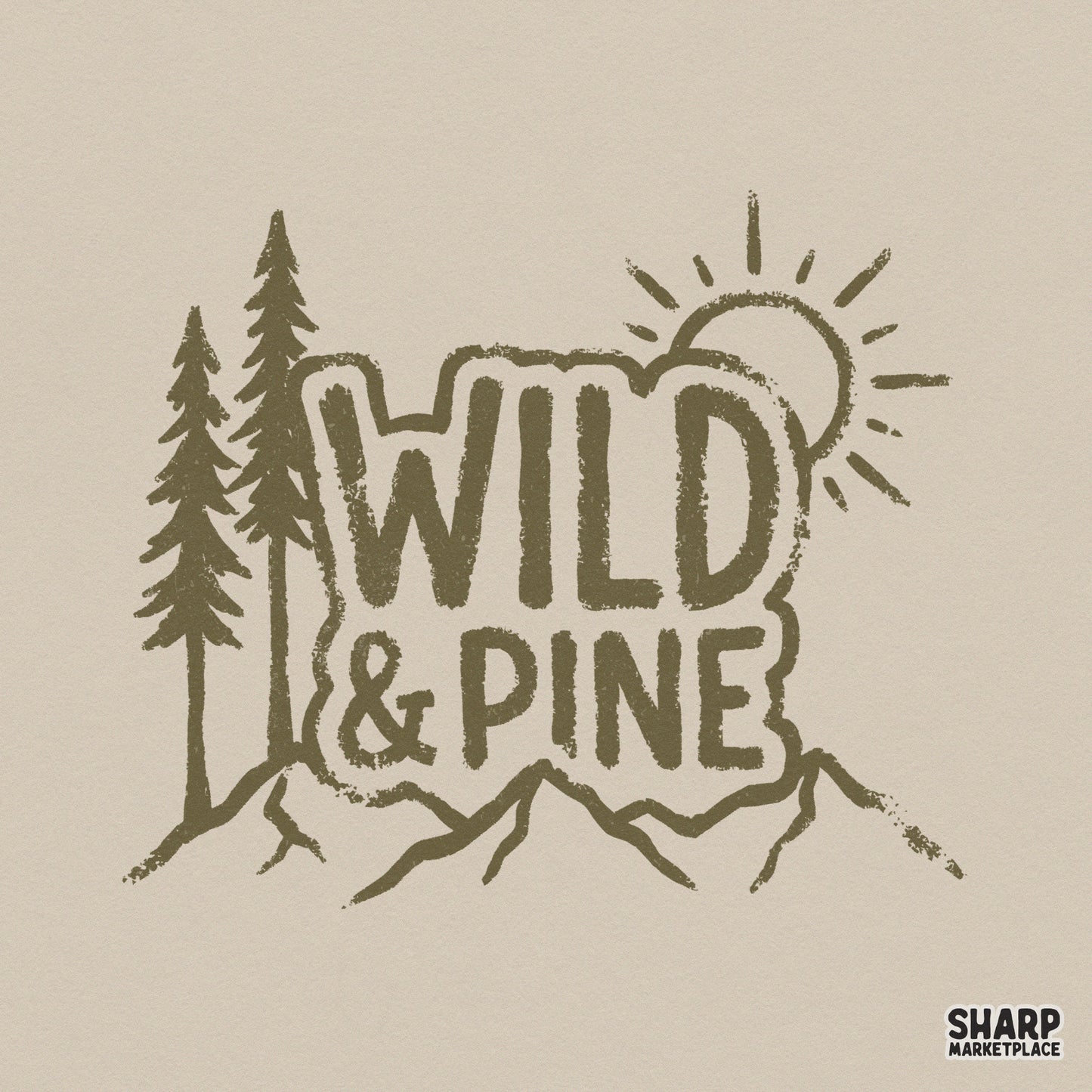 Rustic Wild and Pine nature graphic with mountain silhouette, pine trees, and sun, featuring distressed olive green linework for camping apparel.