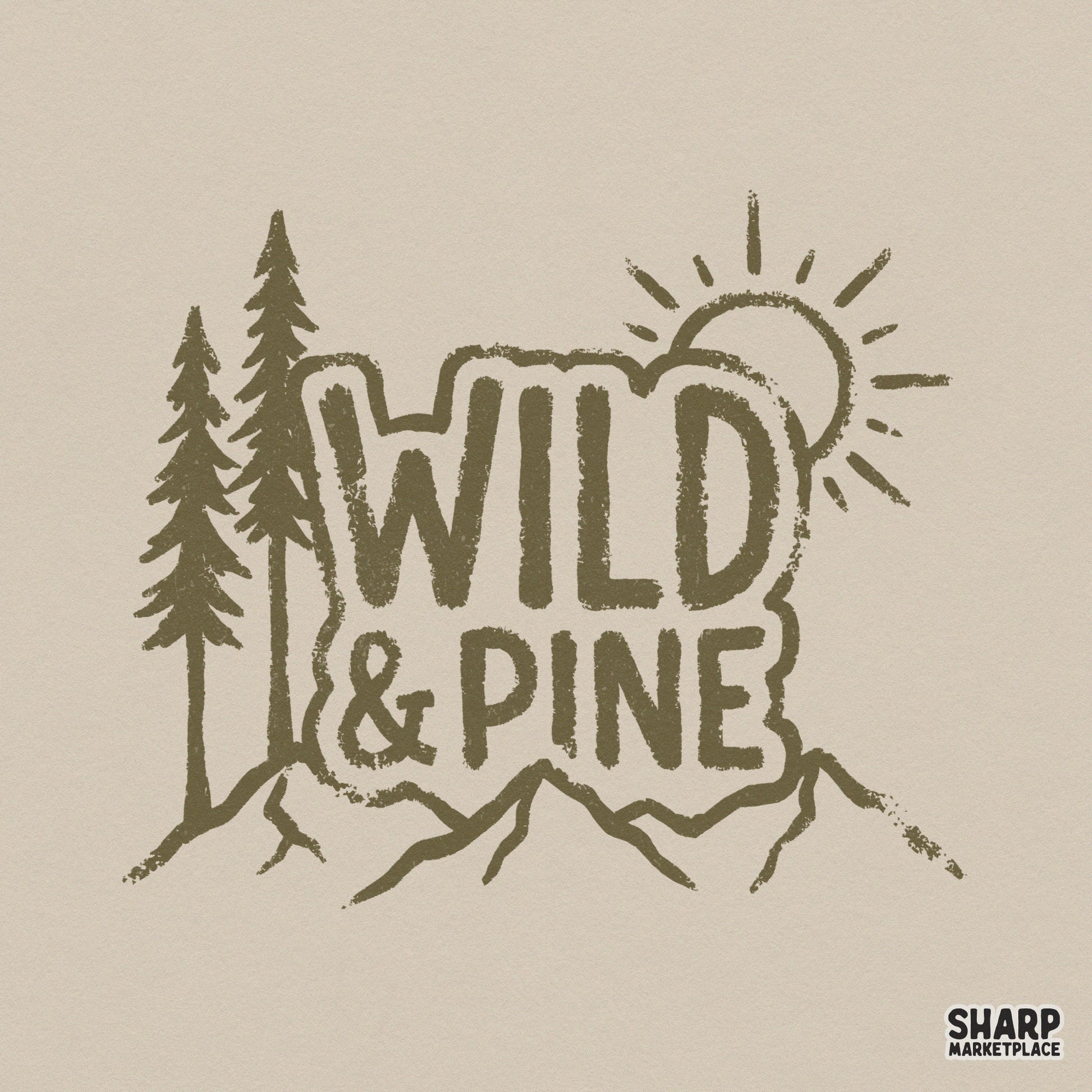 Rustic Wild and Pine nature graphic with mountain silhouette, pine trees, and sun, featuring distressed olive green linework for camping apparel.
