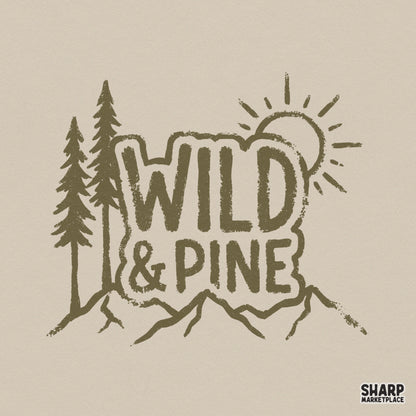 Rustic Wild and Pine nature graphic with mountain silhouette, pine trees, and sun, featuring distressed olive green linework for camping apparel.