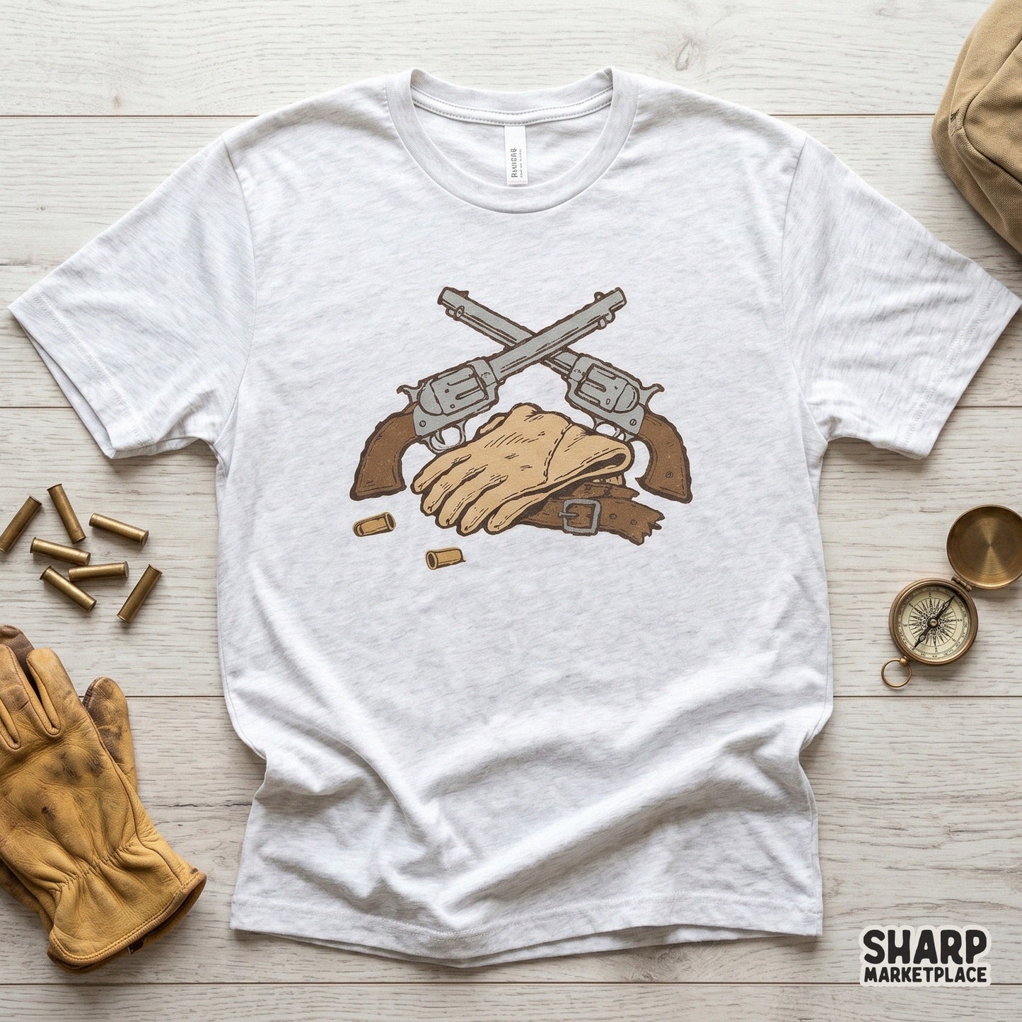 Detailed hand-drawn western design with crossed revolvers and gloves, perfect for custom t-shirts, hunting gear, or retro-style wall art prints.