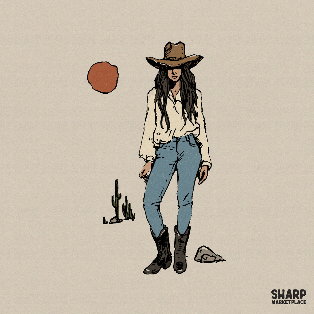 Hand-drawn illustration of a cowgirl wearing a brown hat, cream blouse, and blue jeans with a desert sun and cactus for western apparel sublimation.