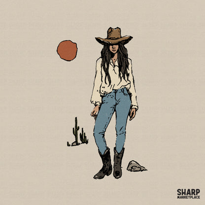 Hand-drawn illustration of a cowgirl wearing a brown hat, cream blouse, and blue jeans with a desert sun and cactus for western apparel sublimation.