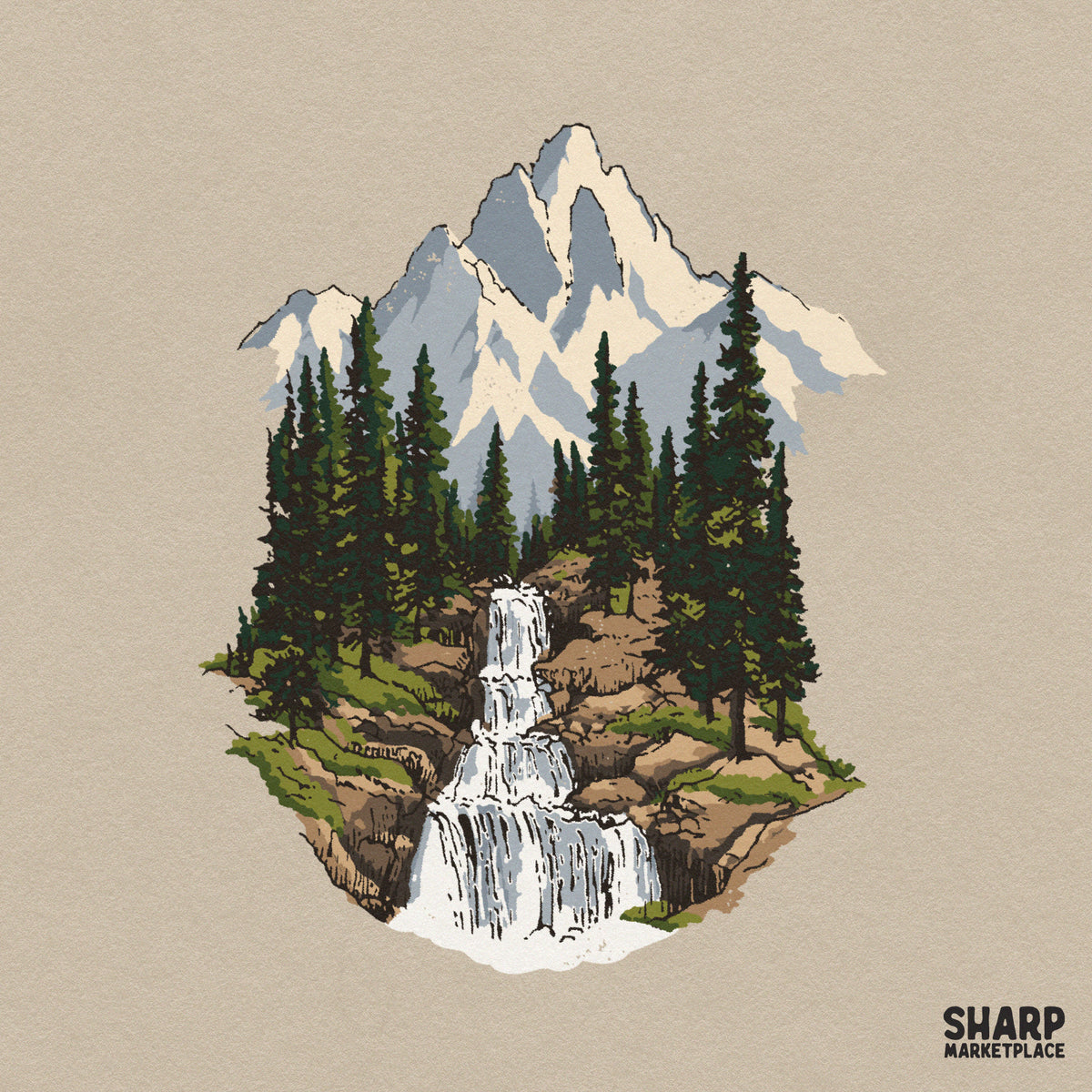 Retro snowy mountain peak with tiered waterfall and pine forest graphic design for t-shirts and apparel