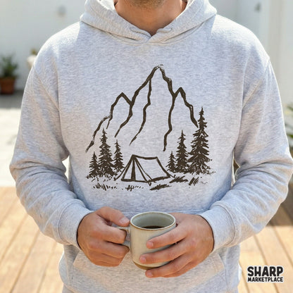 Minimalist alpine wilderness digital design featuring a classic tent and towering mountain peaks, ideal for custom stickers, tumblers, and outdoor gear.