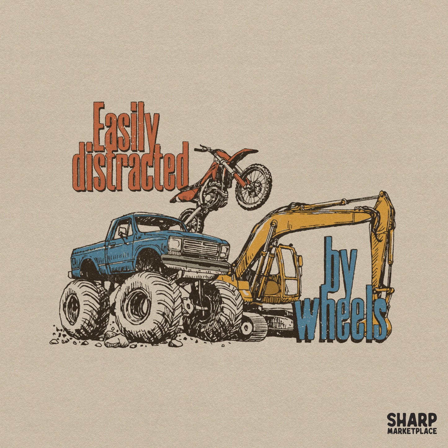 Retro monster truck graphic with funny distracted by wheels theme for boys shirt png and sublimation tumblers