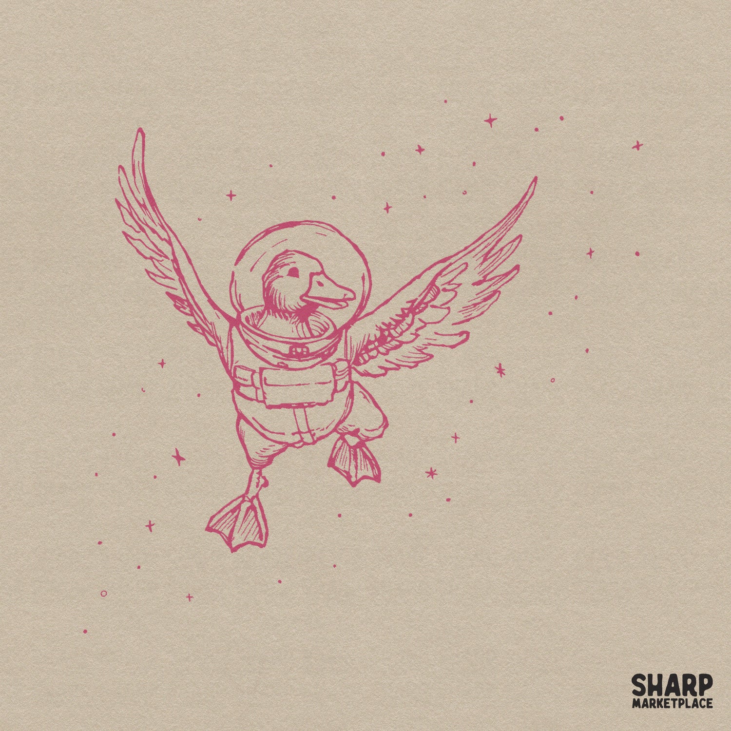 Hand-drawn pink line art of an astronaut duck with large angel wings and a bubble helmet, surrounded by small stars on a neutral background.
