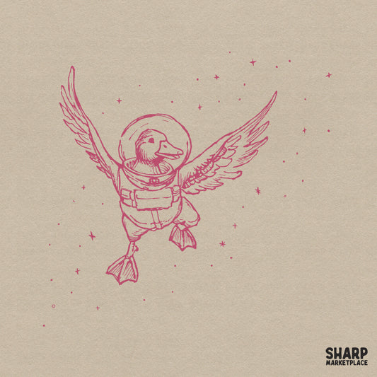 Hand-drawn pink line art of an astronaut duck with large angel wings and a bubble helmet, surrounded by small stars on a neutral background.